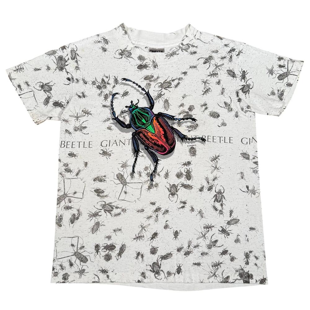 Vintage Giant Beetle 90s All Over Print Shirt Oneita USA Bugs White Boys Medium